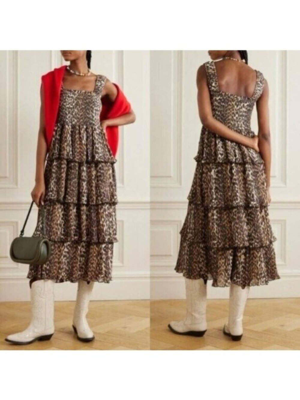 Ganni Leopard Print Pleated Tiered Georgette Smocked Midi Dress Size M